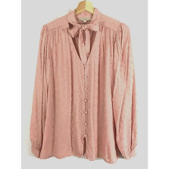 LOFT Blouse Button Down Pink Collar Tie Swiss Dot Size L - Picture 2 of 8